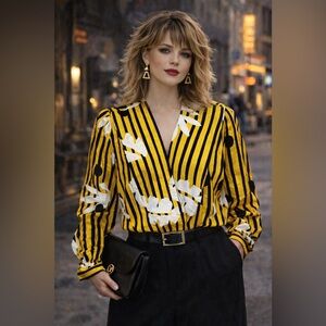Vintage 80’s Silk Blouse Size 14 Black Yellow Bold Editorial Power Top Chic